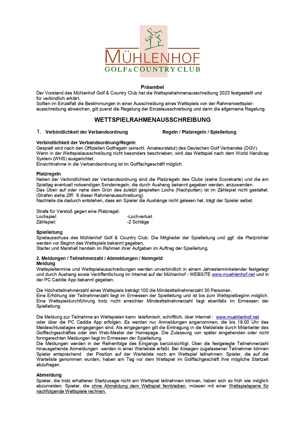 Mühlenhof Golf & Country Club e.V. Turnierordnung